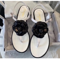 Imitation Chanel Lambskin Classic Camellia Thong Sandals BV2301 White/Black 2020
