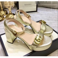 Inexpensive Gucci Leather Platform Sandal with Double G 573022 Light Gold 2020