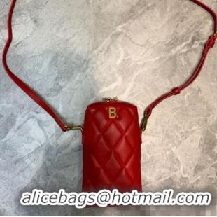 Free Shipping Balenciaga B. Quilted Lambskin Phone Holder Pouch Crossbody B62310 Red 2020