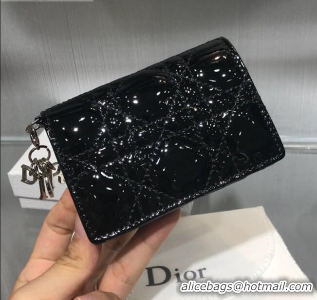 New Design Dior Lady Cannage Patent Leather Card Holder Wallet CD2403 Black 2019