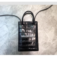 Good Product Balenciaga shopping phone pouch shoulder bag in crocodile pattern B46248 black