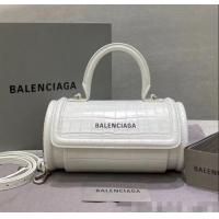 Top Quality Balenciaga Round Cylindric Shoulder Bag in Crocodile Pattern Calfskin B60421 White 2020