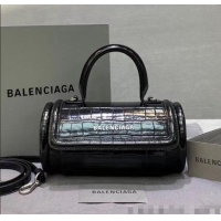 Discount Balenciaga Round Cylindric Shoulder Bag in Crocodile Pattern Calfskin B60421 Black 2020