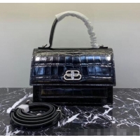Stylish Balenciaga Sharp XS Satchel Shoulder Bag in Crocodile Embossed Shiny Calfskin B60429 Black 2020