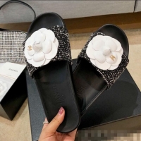 Top Grade Chanel Tweed Camellia Flat Slide Sandal C70602 Black 2020