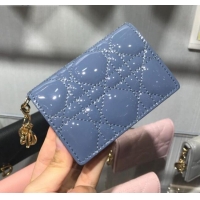 Best Design Dior Lady Cannage Patent Leather Card Holder Wallet CD1060 Blue 2019