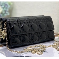 Reasonable Price Dior Lady Dior Long Wallet on Chain WOC in Black Patent Cannage Calfskin CD1022
