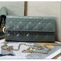 Promotional Dior Lady Dior Long Wallet on Chain WOC in Patent Cannage Calfskin CD1022 Grey Stone