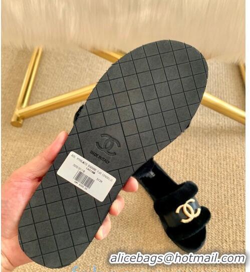 Pretty Style Chanel Wool Leather Flat Slide Sandals C81903 Black 2020