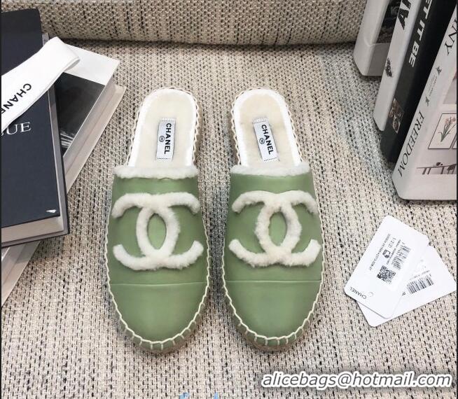 Buy Cheap Chanel Lambskin Wool CC Espadrilles Mules C0915 Green 2020