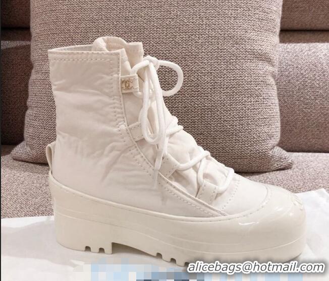 Top Quality Chanel Fabric and Patent Leather Lace-up Short Boots C1150 All White 2020