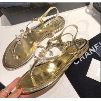 Cheap Chanel Metallic Lambskin Sandals With Crystal CC Logo C80561 Gold 2020