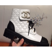 Super Quality Chanel Quilted Lambskin Chain CC Lace-ups Short Boots G36424 White 2020