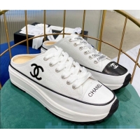 Wholesale Chanel Canvas Platform Open Back Sneakers Mules C0912 White 2020