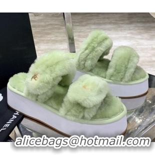 Good Product Chanel Double Strap Wool Platform Sandals 22052 Green