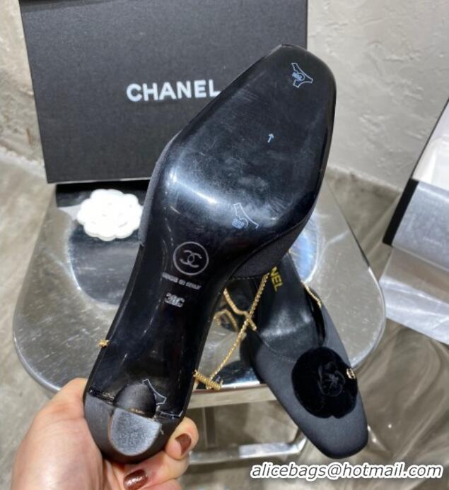 Best Grade Chanel Silk Slingback Pumpa with Camellia and Chain Charm G369126 Black 2020