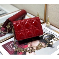 Best Product LADY DIOR 5-GUSSET CARD HOLDER WITH CHAIN Patent Cannage Calfskin S0859 red