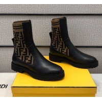 Top Quality Fendi Soft Calfskin FF Knit Sock Short Boots 120415 Black/Brown