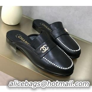 Low Price Chanel Calfskin Pearl Charm Mules 122195 Black