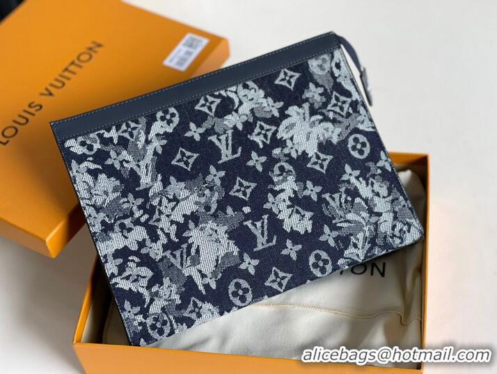 Free Shipping Louis Vuitton Monogram Tapestry Pochette Voyage Denim Bag M80034 Black