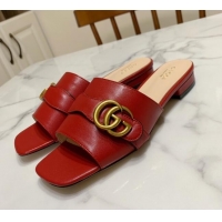 Good Quality Gucci Leather Double G Flat Slide Sandals 010664 Red