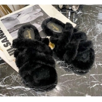 Perfect Chanel Fur Woven Strap Flat Sandals 111130 Black