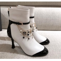 Good Product Chanel Leather Short Boots with Camellia Tassel Charm 120510 White