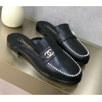 Low Price Chanel Calfskin Pearl Charm Mules 122195 Black