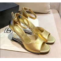 Good Quality Chanel Calfskin Wedge Heel Sandals 010939 Gold 2021