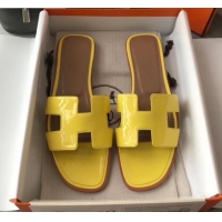 Best Quality Hermes Patent Calfskin Leather Oran H Flat Slipper Sandals 40101 Yellow