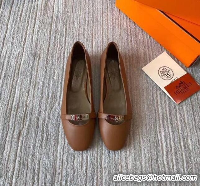 Good Quality Hermes Kelly Calfskin Flat Loafers Brown 1010661