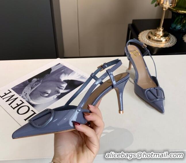 Popular Valentino VLogo One-Tone Patent Leather Slingback Sandals 80mm 111022 Blue