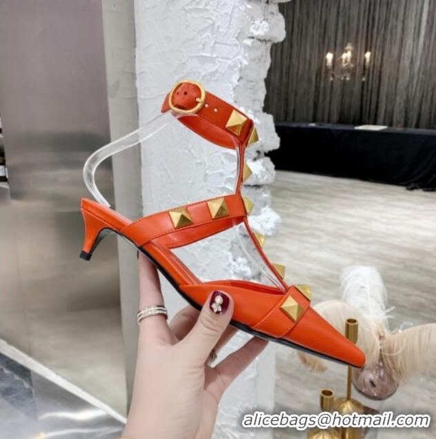 Top Quality Valentino Roman Stud Lambskin Strap Pumps 4cm 012518 Orange 2021