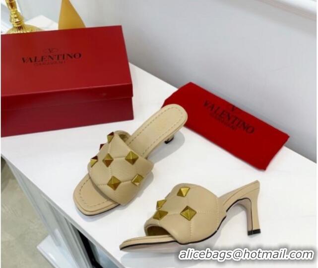 Good Quality Valentino Roman Stud Heel Sandals 5.5cm in Quilted Nappa Lambskin 012619 Nude 2021