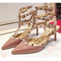 Good Quality Valentino Patent Calfskin Rockstud Ankle Strap With 6.5cm Heel 041517 Pink
