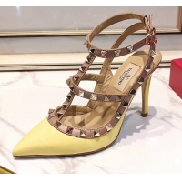 New Style Valentino Patent Calfskin Rockstud Ankle Strap With 9.5cm Heel 041540 Yellow
