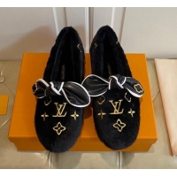 Low Cost Louis Vuitton Homey Monogram Embroidered Wool Flat Loafers with Twist Bow 102401 Black/Gold