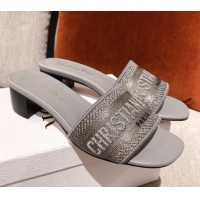 Low Price Dior Dway Embroidered Cotton Heel Slide Sandals 5cm Grey 031159