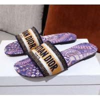 Pretty Style Dior Dway Embroidered Cotton Flat Slide Sandals Purple/Beige 031166
