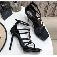 Luxury Cheap Saint Laurent Calfskin YSL Platform High-Heel Sandals Black/Gold 122103