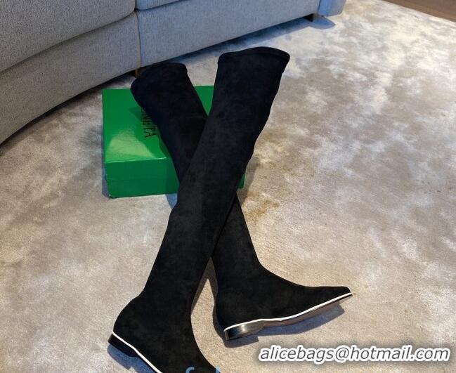 Most Popular Bottega Veneta Suede Over Knee High Boots with White Stripe 102208 Black