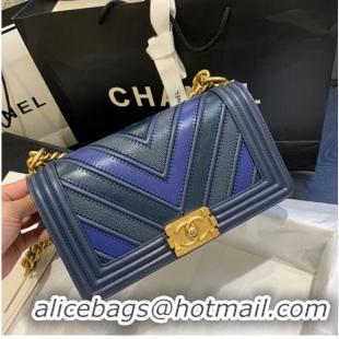Best Price Chanel Boy Flap Shoulder Bags Chevron Calfskin Leather A67086 Blue&Black