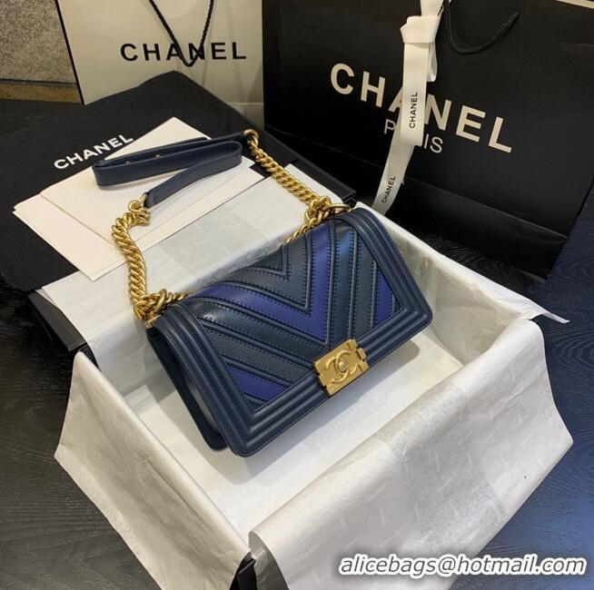 Best Price Chanel Boy Flap Shoulder Bags Chevron Calfskin Leather A67086 Blue&Black