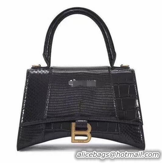 Good Product Balenciaga Hourglass Small Top Handle Bag crocodile embossed calfskin B108891E black