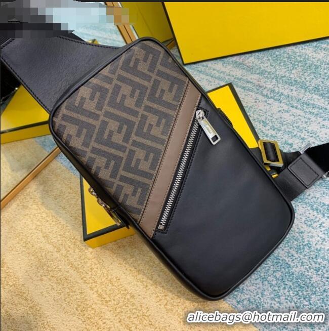 Super Quality Fendi Men's Sling Shoulder Bag in Black Leather and FF Canvas F0453 Brown 2020