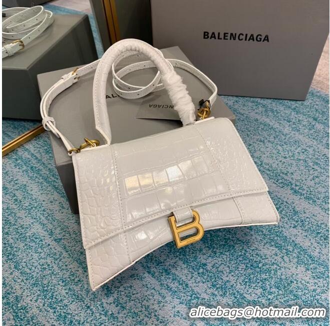 Most Popular Balenciaga HOURGLASS SMALL TOP HANDLE BAG crocodile embossed calfskin B108895E white