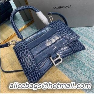 Good Quality Balenciaga HOURGLASS SMALL TOP HANDLE BAG crocodile embossed calfskin B108895E blue