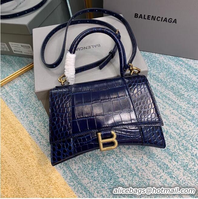 Best Quality Balenciaga HOURGLASS SMALL TOP HANDLE BAG crocodile embossed calfskin B108895E dark blue