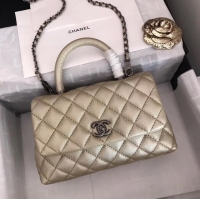 Good Product Chanel original Caviar leather flap bag top handle A92290 Light gold&silver-Tone Metal