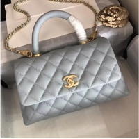 Well Crafted Chanel original Caviar leather flap bag top handle A92290 light blue&Gold-Tone Metal